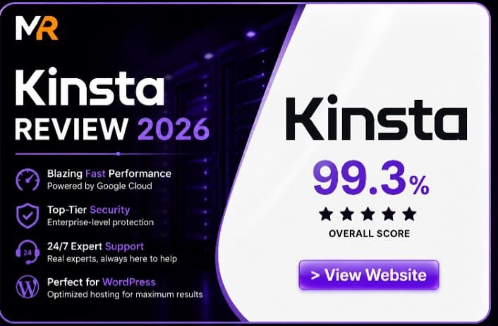 Kinsta Review 2026 featured image showing 99.3% overall score, blazing fast performance powered by Google Cloud, enterprise-level security, and WordPress optimized hosting