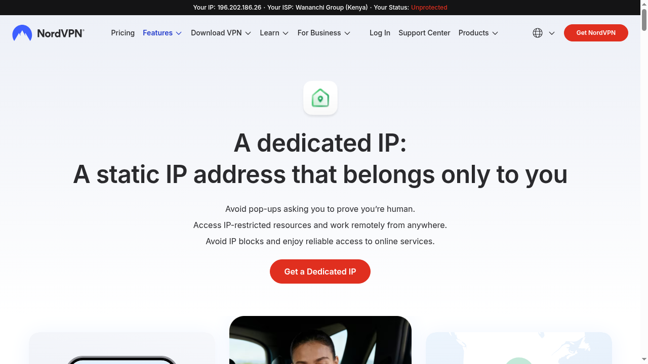 NordVPN dedicated IP feature 2026 showing unique personal IP address for secure access