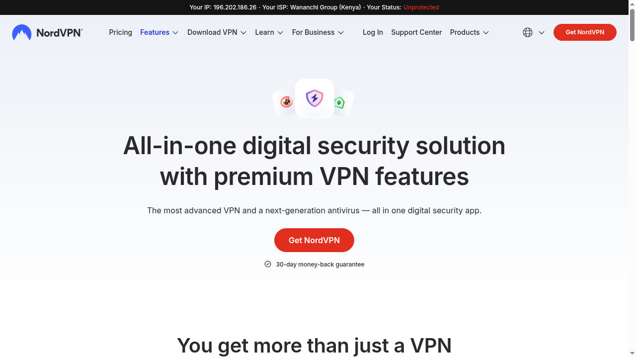 NordVPN features page 2026 showing all-in-one digital security solution with VPN antivirus and threat protection