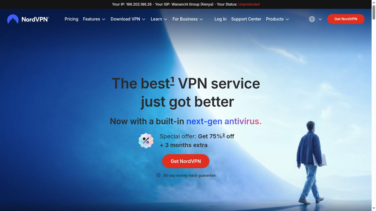 NordVPN homepage 2026 showing the main landing page with VPN features and pricing offer