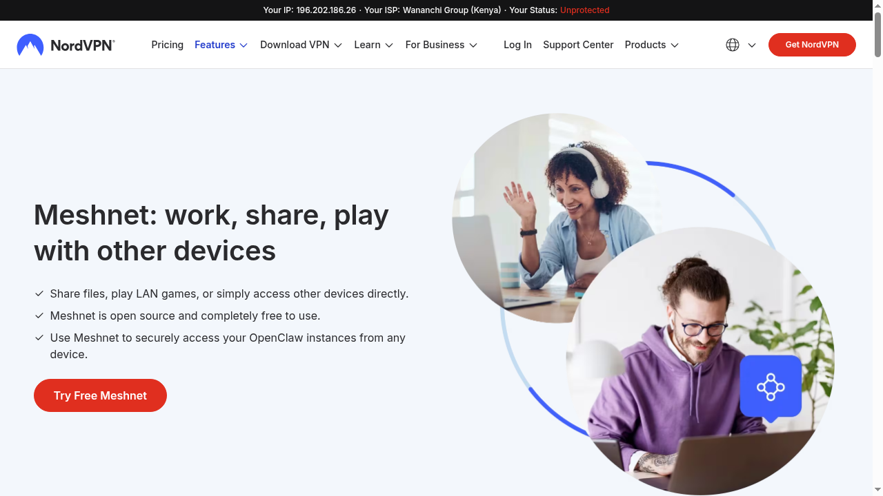 NordVPN Meshnet feature 2026 showing secure device-to-device connections and remote access
