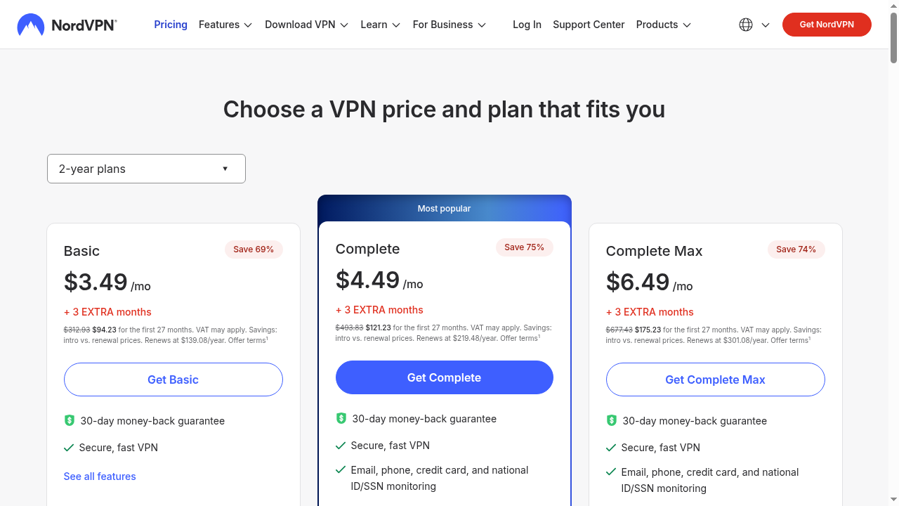 NordVPN pricing plans 2026 showing Basic Complete and Complete Max plans with monthly and yearly rates