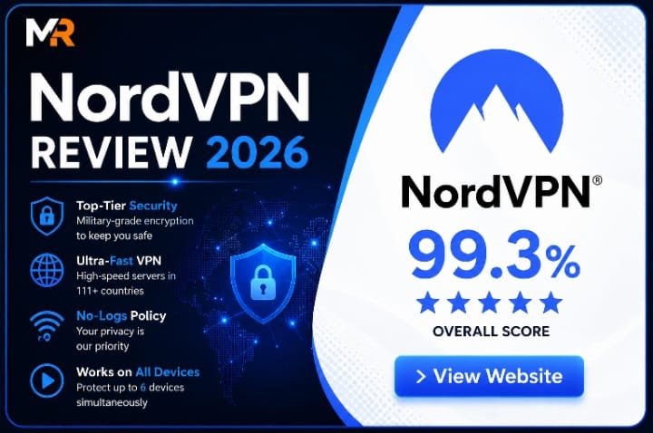NordVPN Review 2026 featured image showing 99.3% overall score, top-tier security, ultra-fast VPN speeds, no-logs policy, and support for all devices