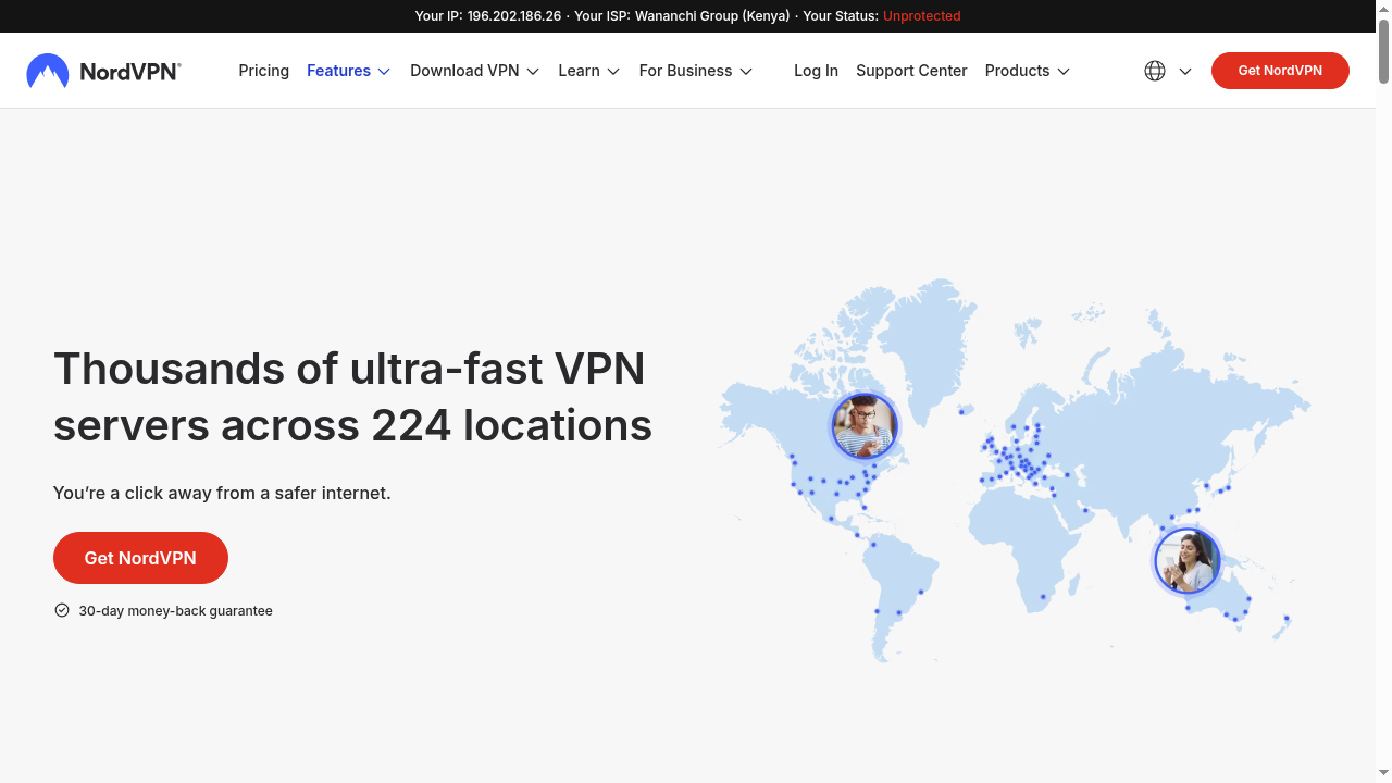 NordVPN server network map 2026 showing 7400+ servers across 118 countries and 224 locations