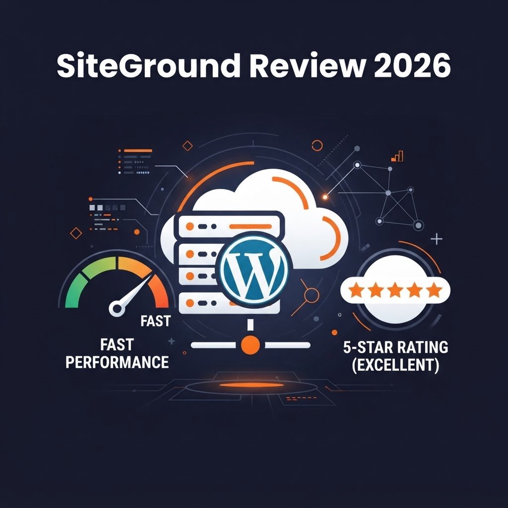 SiteGround Review 2026 featured image showing blazing fast hosting, top-tier security with daily backups, 24/7 expert support, and WordPress optimized servers