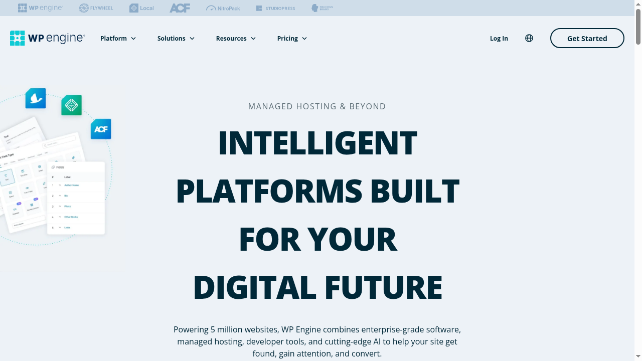 WP Engine homepage 2026 showing managed WordPress hosting platform