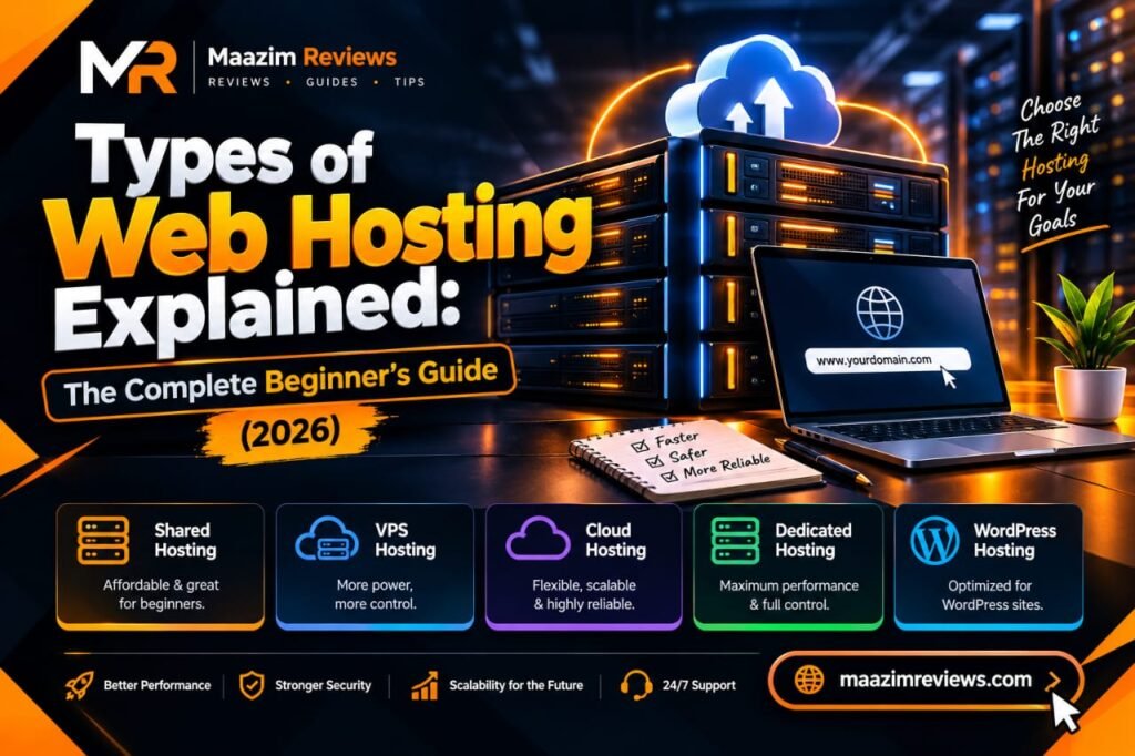 Types of Web Hosting Explained - The Complete Beginner's Guide 2026, covering shared, VPS, cloud, dedicated, and WordPress hosting