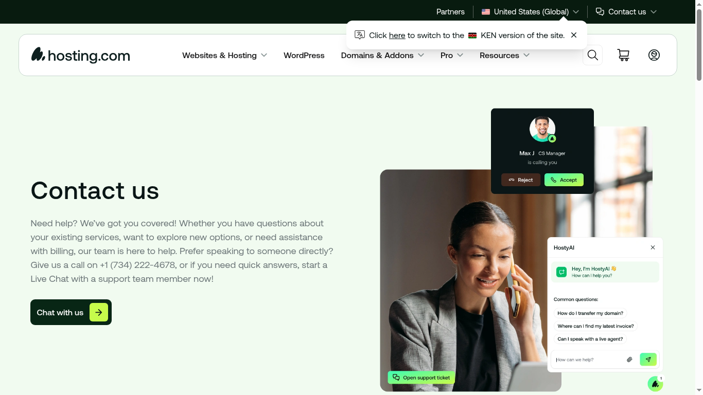 A2 Hosting support screenshot showing hosting.com 24/7 live chat and phone support channels
