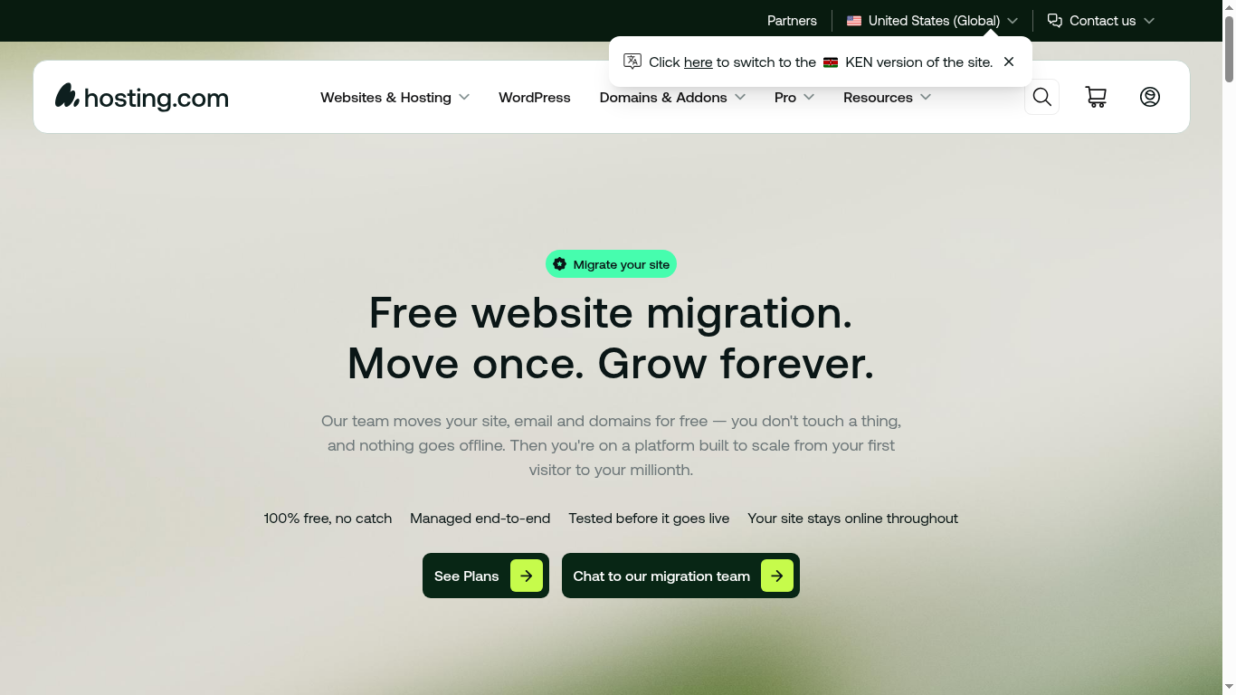 A2 Hosting free migration screenshot showing hosting.com free website migration service