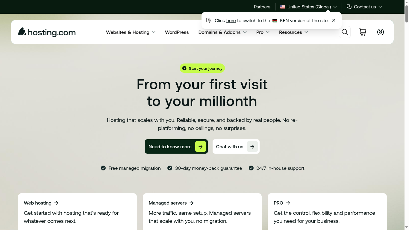 A2 Hosting homepage screenshot showing hosting.com rebrand after WHG acquisition