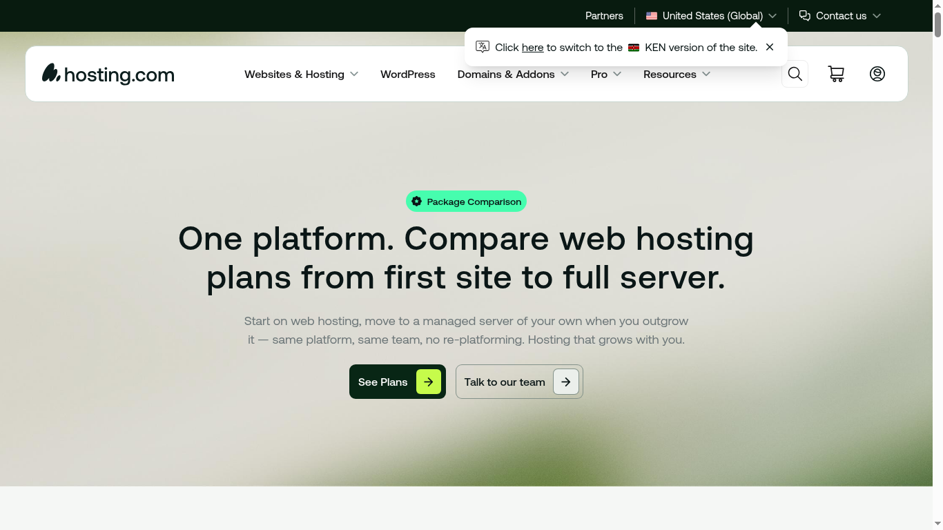 A2 Hosting package comparison screenshot comparing hosting.com plans and included features