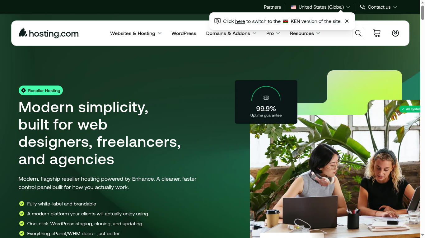 A2 Hosting reseller hosting screenshot showing hosting.com reseller plans for agencies