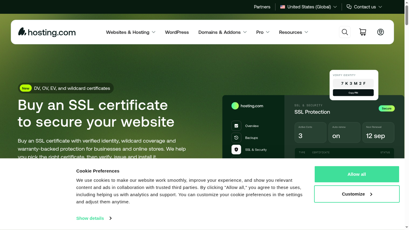 A2 Hosting SSL screenshot showing hosting.com free SSL certificates and security features
