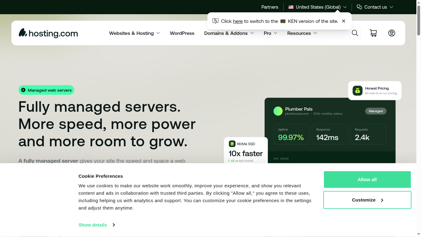 A2 Hosting VPS screenshot showing hosting.com managed servers and dedicated server options