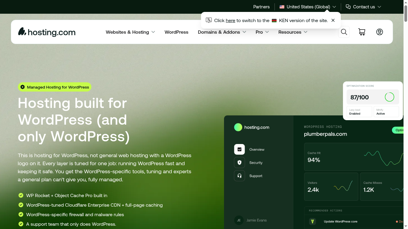A2 Hosting WordPress hosting screenshot showing hosting.com managed WordPress plans