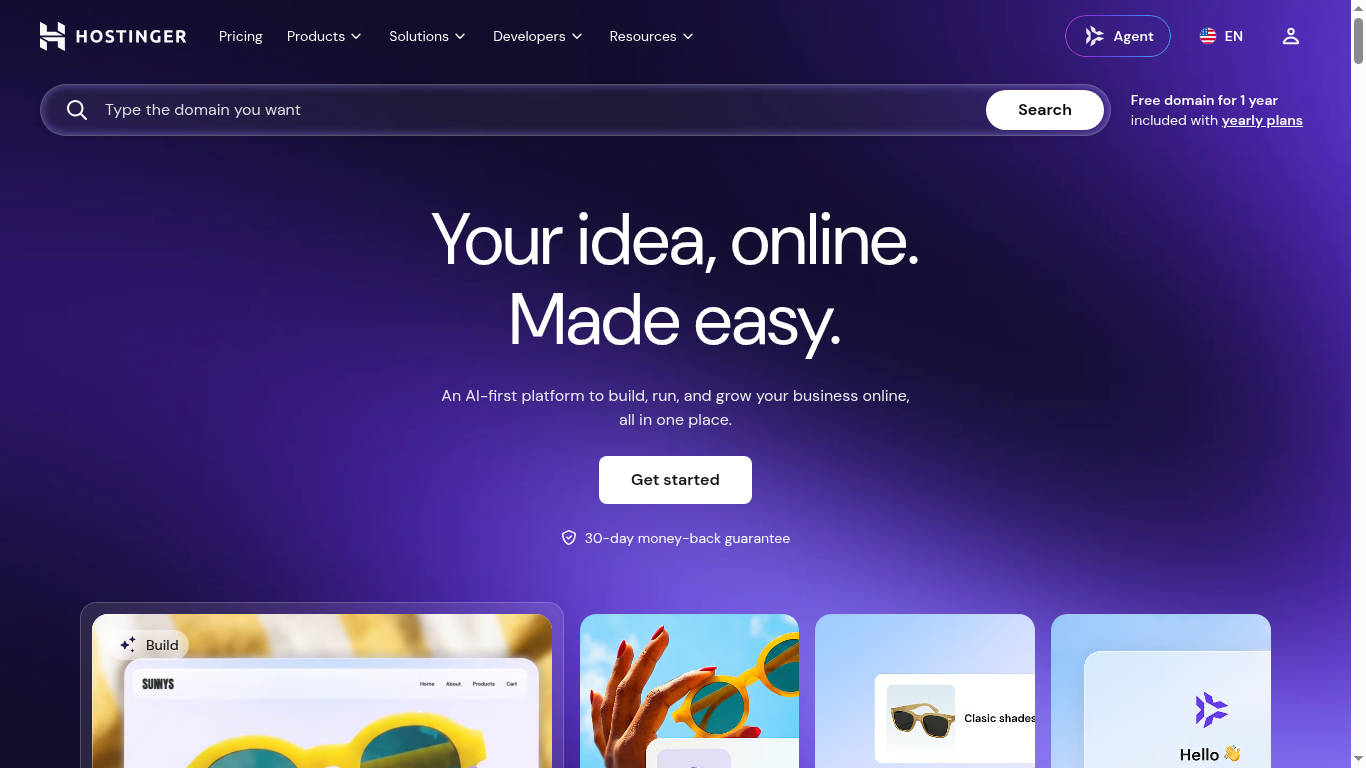 Hostinger homepage screenshot showing affordable web hosting for beginners