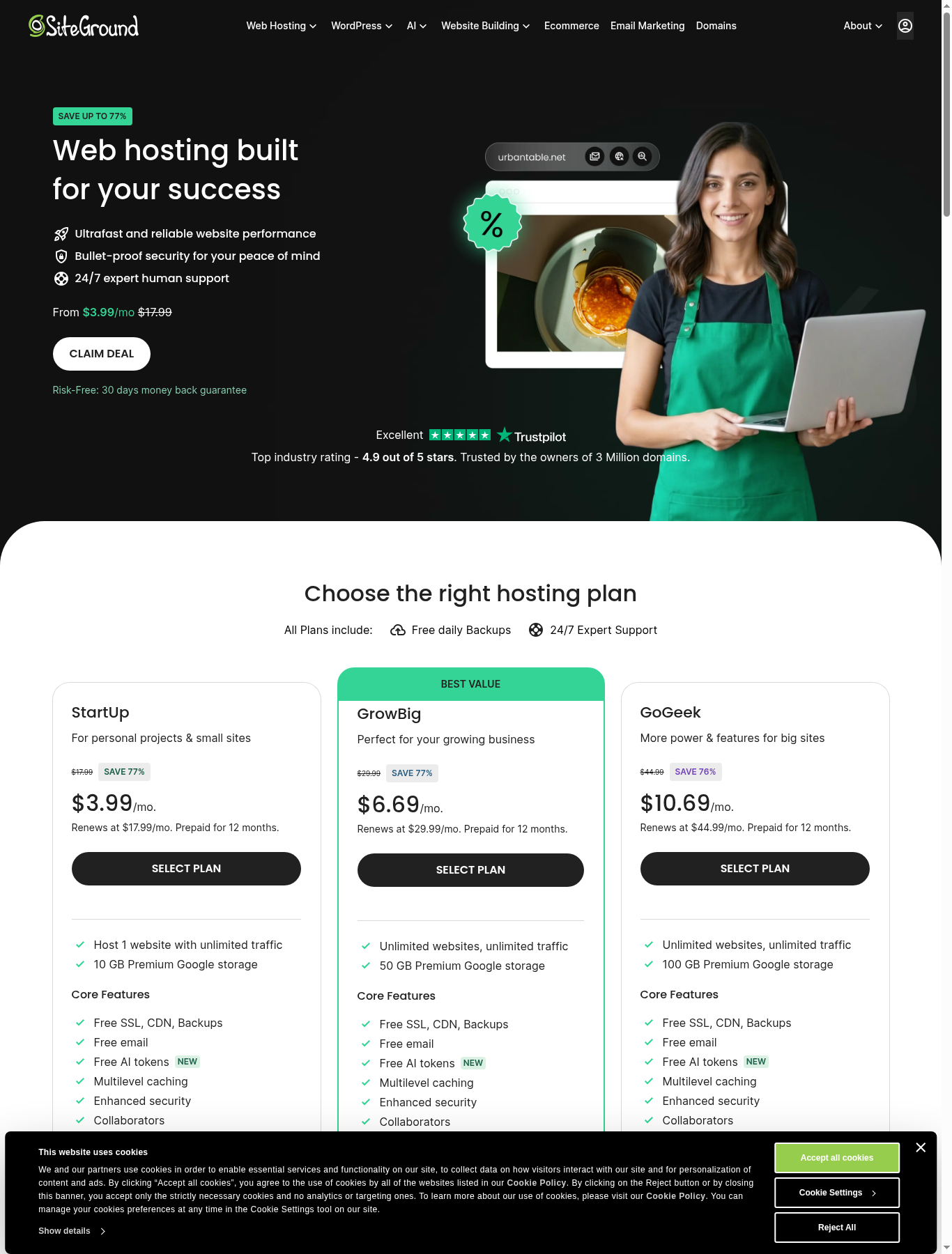 SiteGround web hosting plans screenshot showing StartUp GrowBig and GoGeek pricing