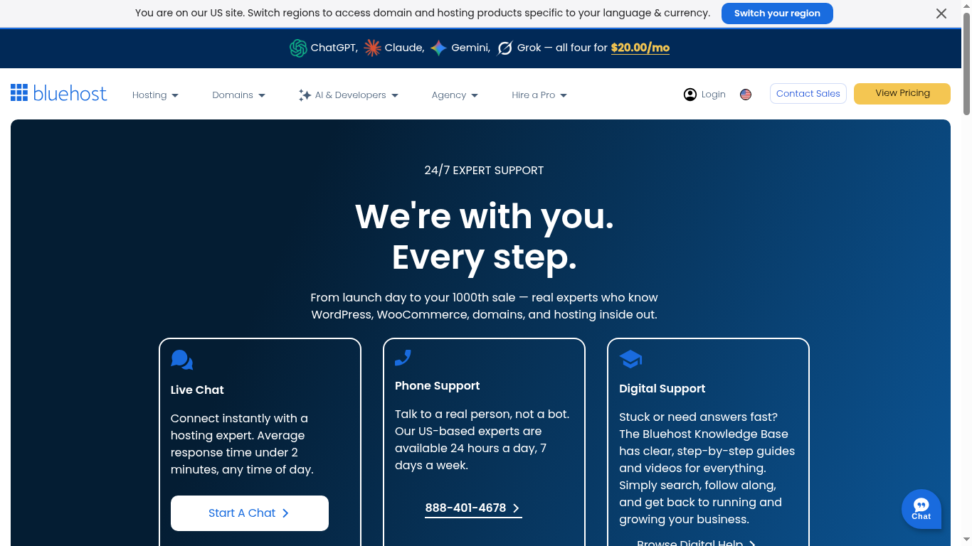 Bluehost contact support page — 24/7 phone and chat