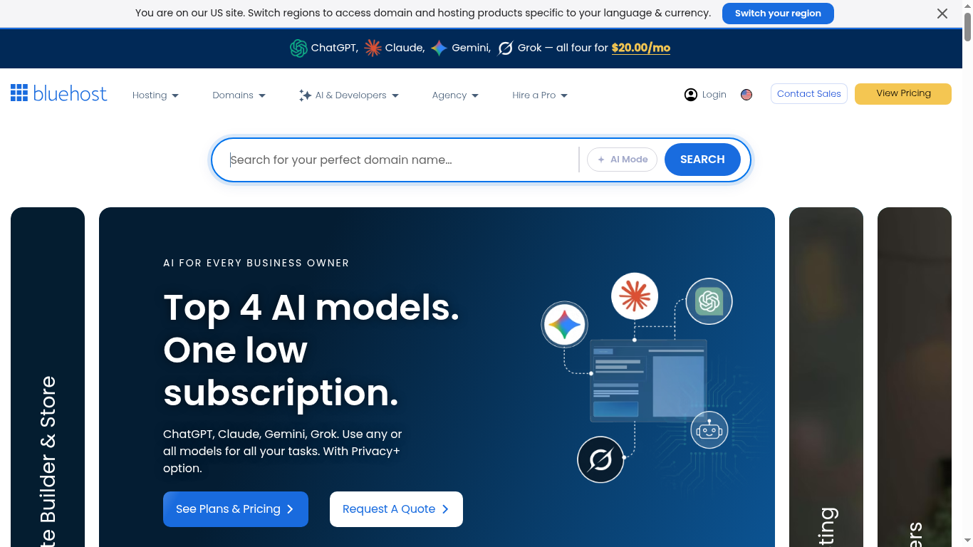 Bluehost homepage screenshot showing web hosting and AI website builder plans - Hostinger vs Bluehost comparison