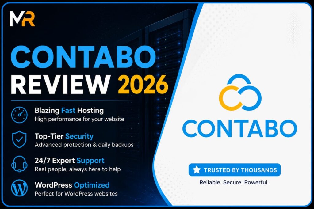 Contabo Review 2026: blazing fast VPS hosting featured image showing high performance, top-tier security, daily backups, 24/7 expert support and WordPress compatibility