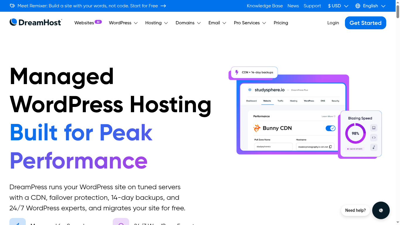 DreamPress managed WordPress hosting screenshot showing plans and features