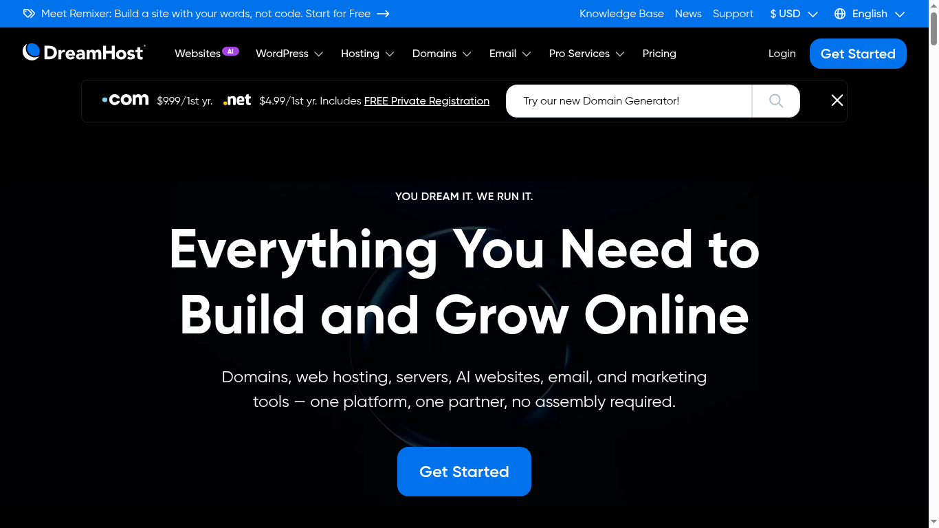 DreamHost homepage screenshot showing hosting plans and 100% uptime claim