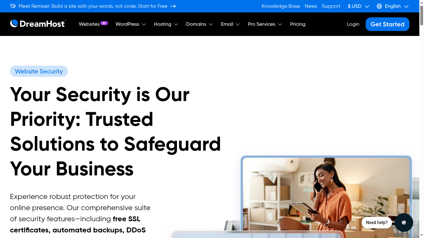 DreamHost security screenshot showing free SSL malware protection and privacy features