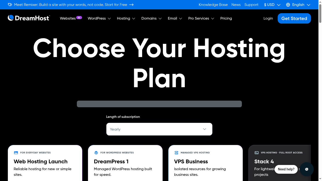 DreamHost shared hosting plans screenshot showing Shared Starter and Shared Unlimited pricing