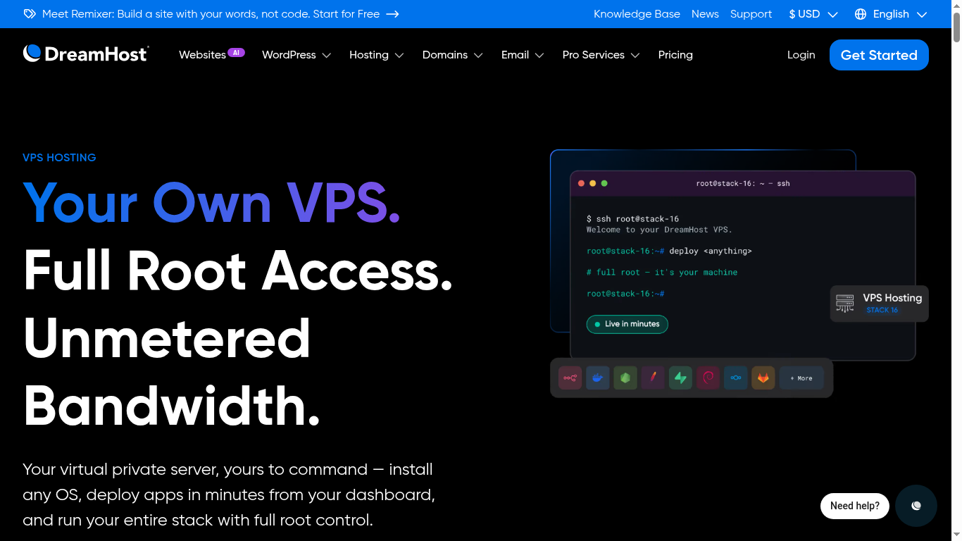 DreamHost VPS hosting screenshot showing plans with full root access