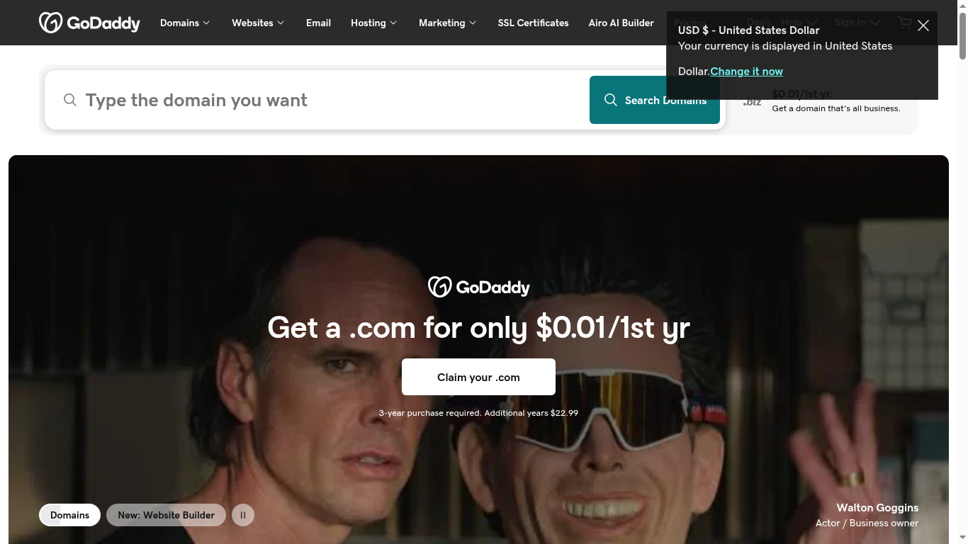 GoDaddy homepage screenshot showing hosting, domains and email in one place - Hostinger vs GoDaddy comparison
