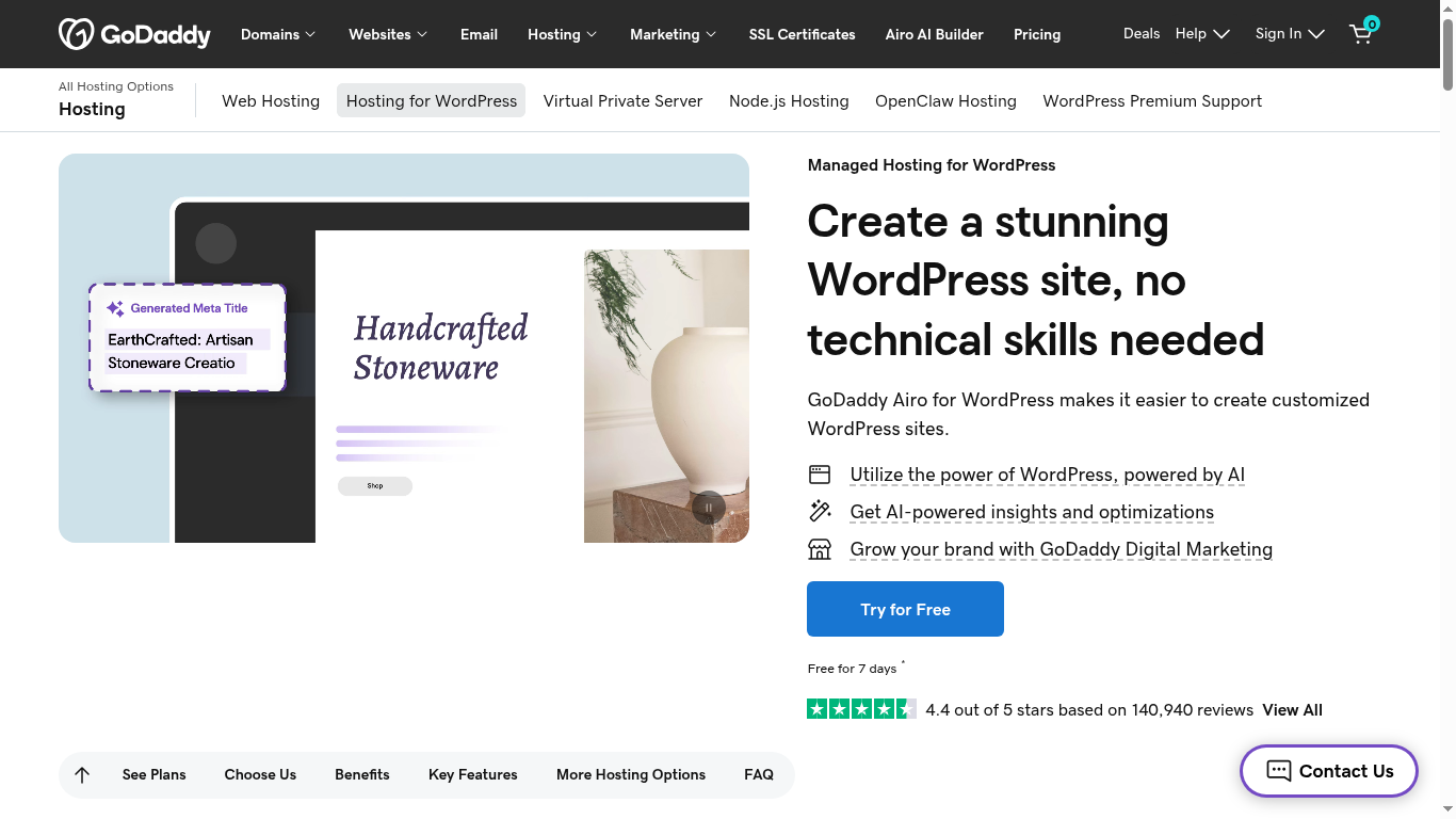 GoDaddy managed WordPress hosting screenshot showing plans and AI site builder