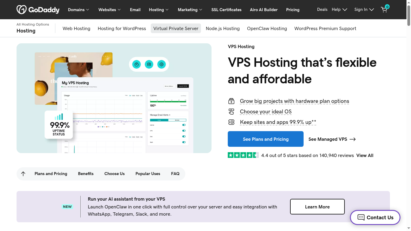 GoDaddy VPS hosting screenshot showing managed virtual server plans