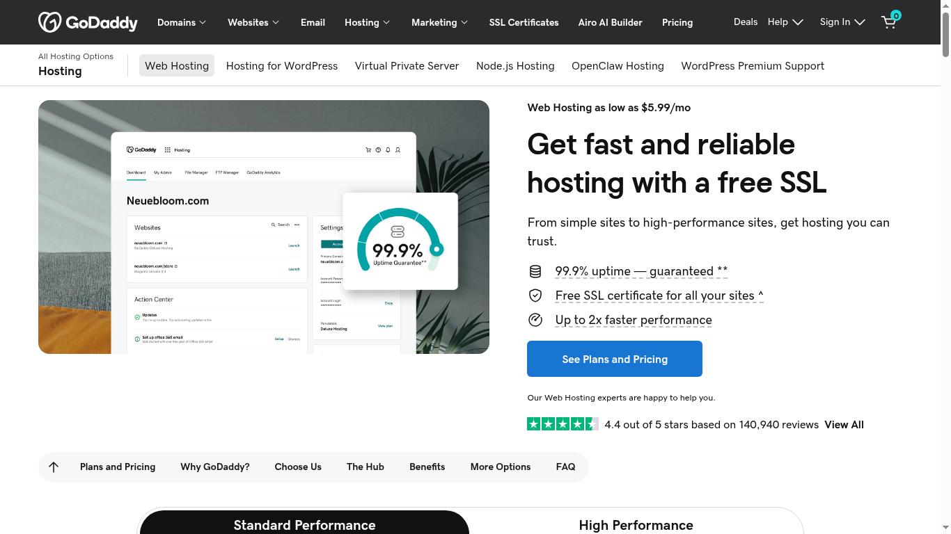 GoDaddy web hosting plans screenshot showing shared hosting pricing tiers - Hostinger vs GoDaddy comparison