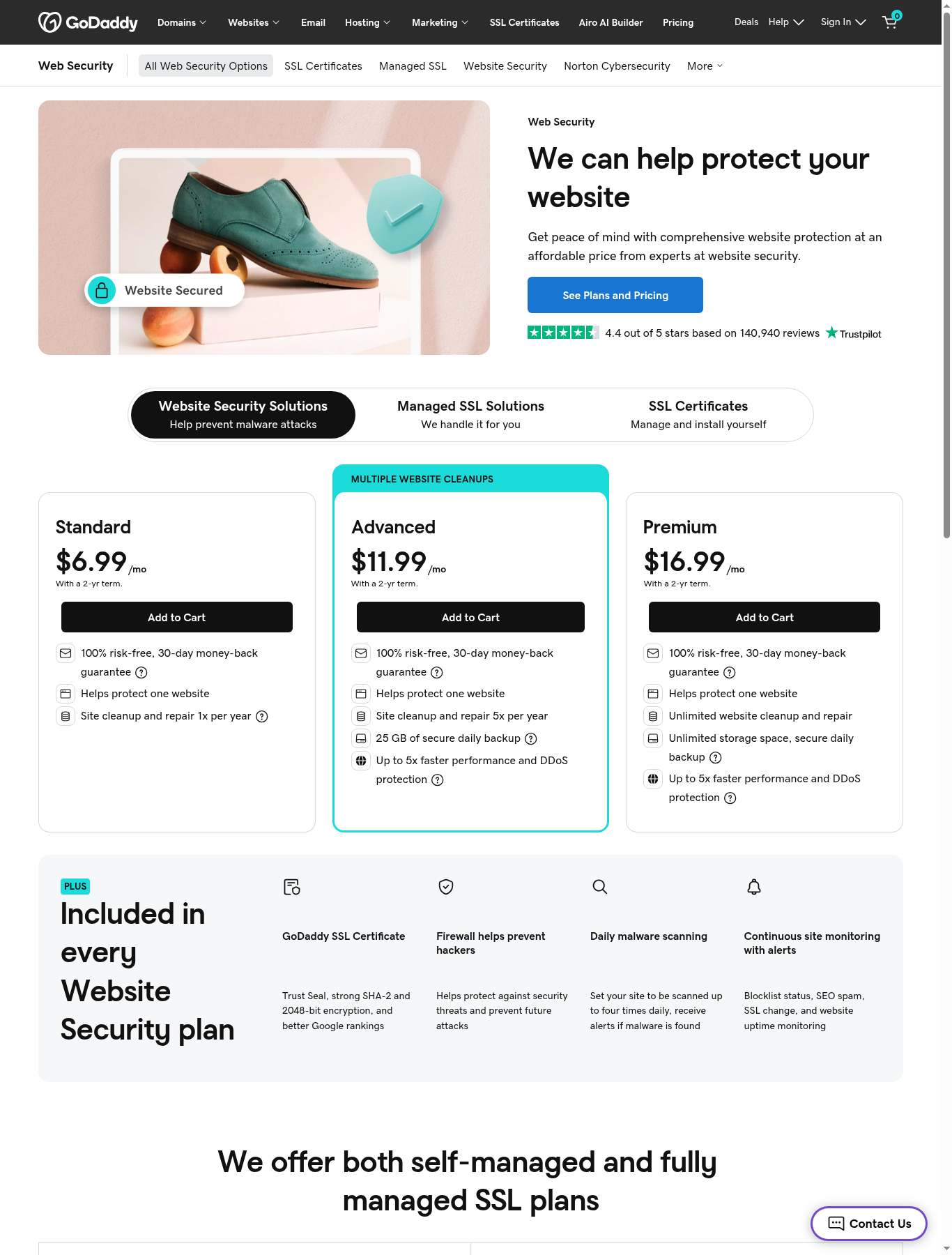 GoDaddy web security screenshot showing SSL certificates and site protection options