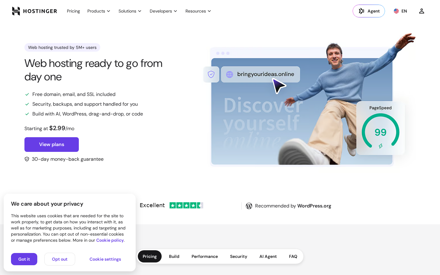 Hostinger web hosting homepage 2026 showing plans from $2.99 per month with free domain email and SSL as tested in our Hostinger review