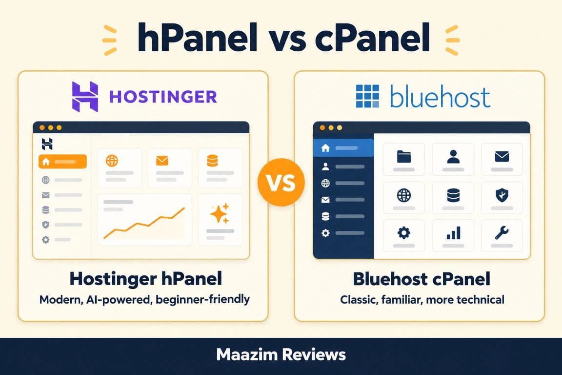 Hostinger hPanel vs Bluehost cPanel 2026 control panel comparison - Hostinger's hPanel is modern, AI-powered and beginner-friendly, Bluehost's cPanel is classic, familiar and more technical