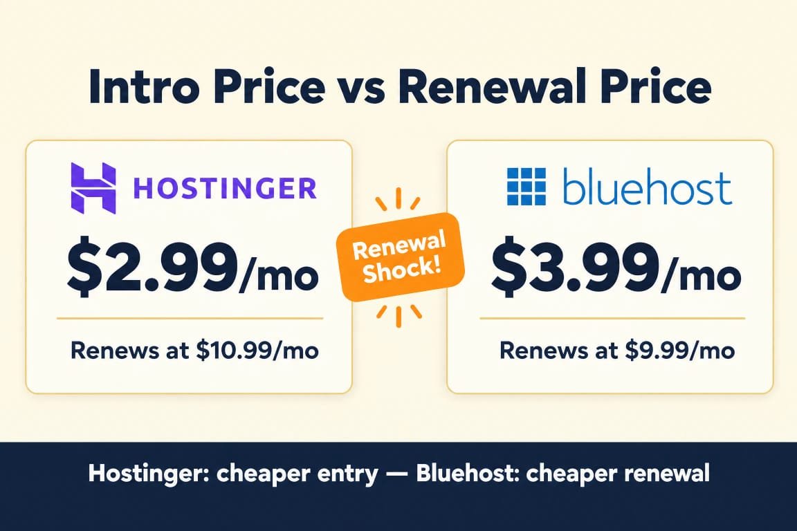 Hostinger vs Bluehost 2026 pricing comparison showing intro price versus renewal price - Hostinger $2.99/mo renews at $10.99/mo, Bluehost $3.99/mo renews at $9.99/mo