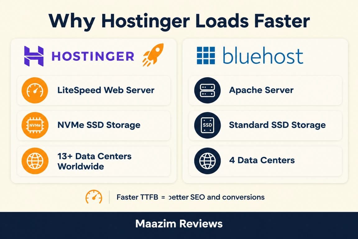 Hostinger vs Bluehost 2026 speed comparison - Hostinger uses LiteSpeed Web Server, NVMe SSD storage and 13+ data centers worldwide, Bluehost uses Apache Server, standard SSD storage and 4 data centers