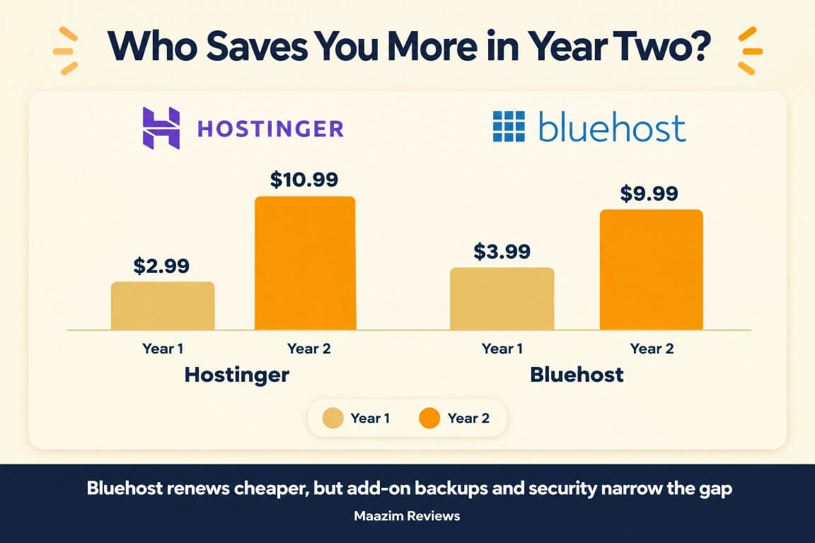 Hostinger vs Bluehost 2026 year two renewal cost chart - Hostinger jumps from $2.99/mo to $10.99/mo, Bluehost jumps from $3.99/mo to $9.99/mo in year two