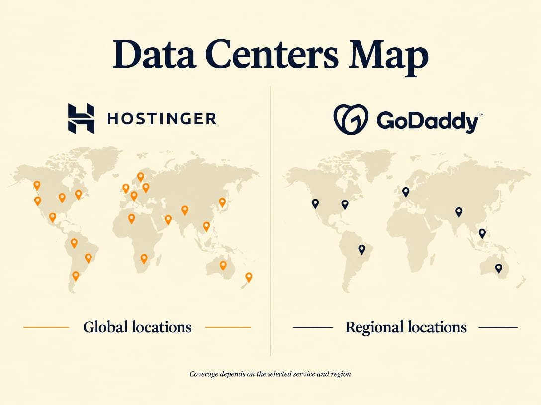 Hostinger vs GoDaddy data centers map 2026 - Hostinger global locations vs GoDaddy regional locations