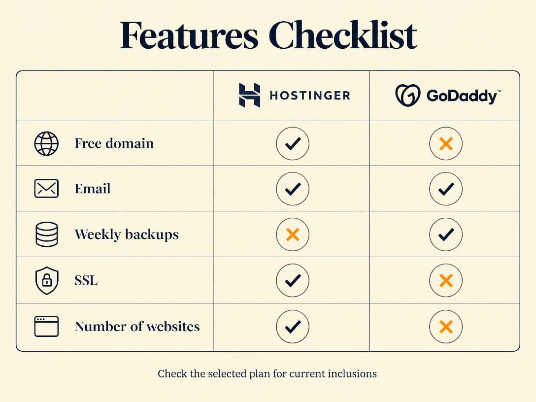 Hostinger vs GoDaddy features checklist 2026 comparing free domain, email, weekly backups, SSL and number of websites