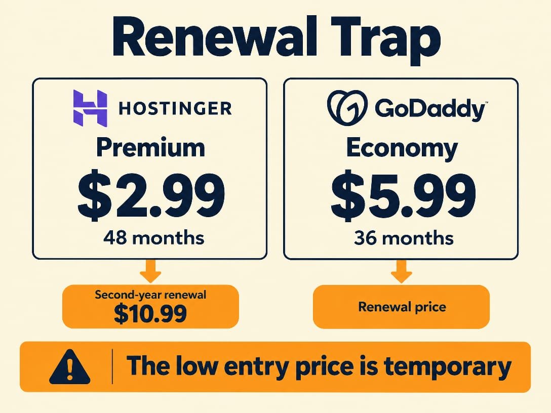Hostinger vs GoDaddy renewal trap 2026 - Hostinger Premium 2.99 dollars renews at 10.99, GoDaddy Economy 5.99 dollars renewal price varies