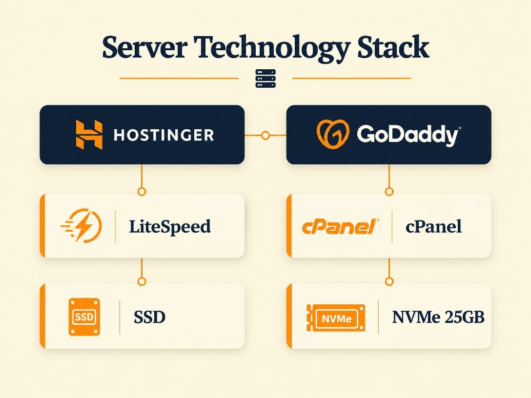 Hostinger vs GoDaddy server technology stack 2026 - Hostinger LiteSpeed with SSD storage, GoDaddy cPanel with NVMe 25GB storage