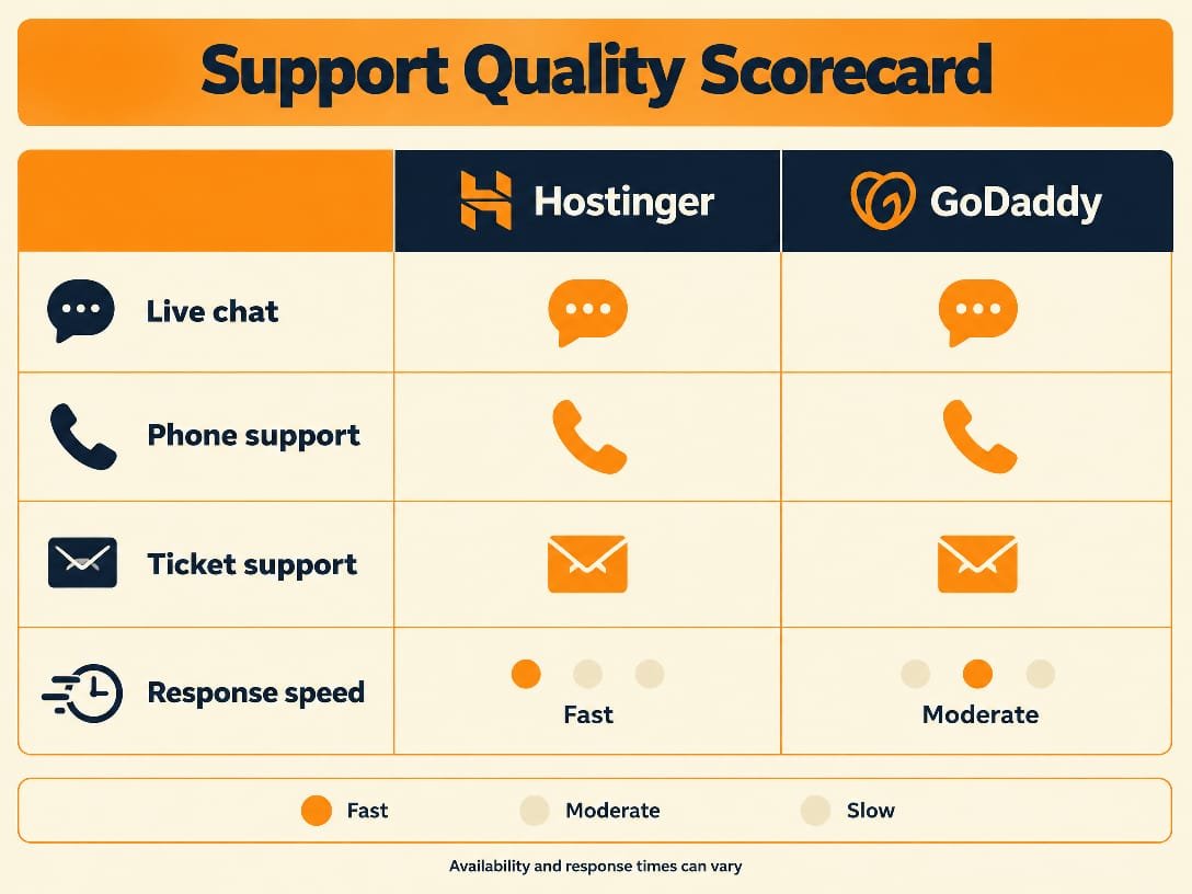 Hostinger vs GoDaddy support quality scorecard 2026 - live chat, phone support, ticket support, and response speed compared