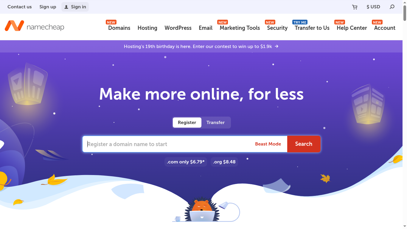 Namecheap homepage 2026 showing shared hosting from $2.28 per month