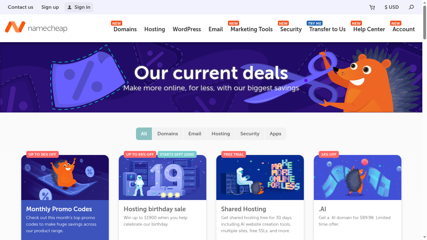 Namecheap promos and deals screenshot showing current discounts on domains and hosting