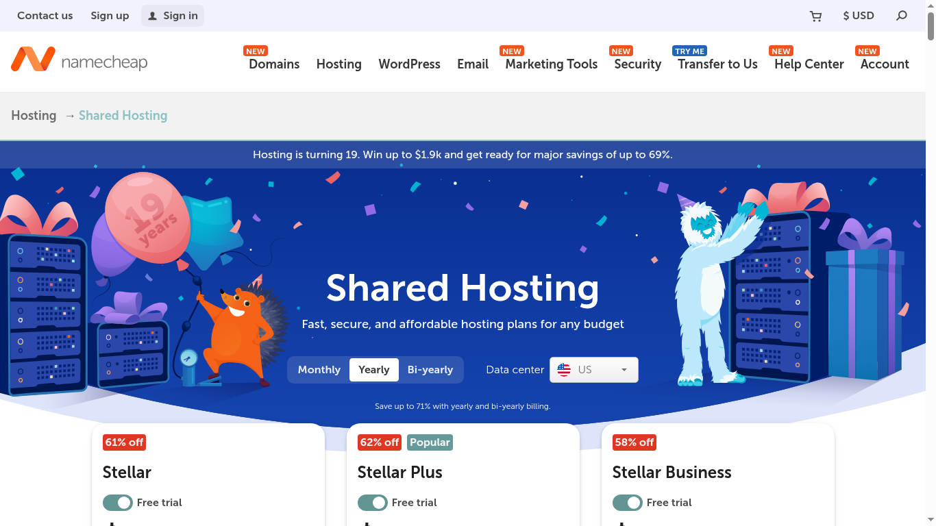 Namecheap shared hosting plans 2026 — Stellar from $2.28 per month