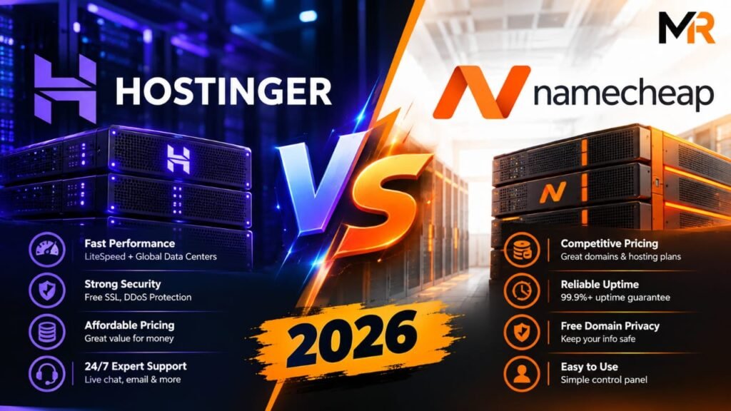 Namecheap vs Hostinger 2026 comparison - Hostinger fast performance strong security affordable pricing 24/7 support versus Namecheap competitive pricing reliable uptime free domain privacy easy to use