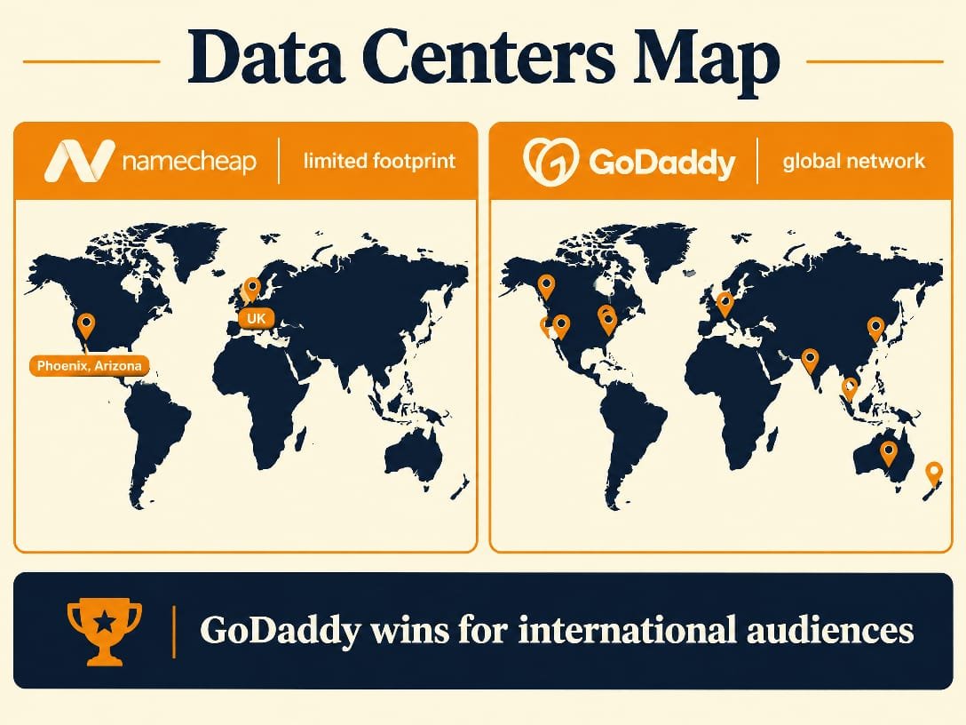 Namecheap vs GoDaddy data centers map 2026 - Namecheap limited footprint in Phoenix Arizona and UK, GoDaddy global network across multiple continents