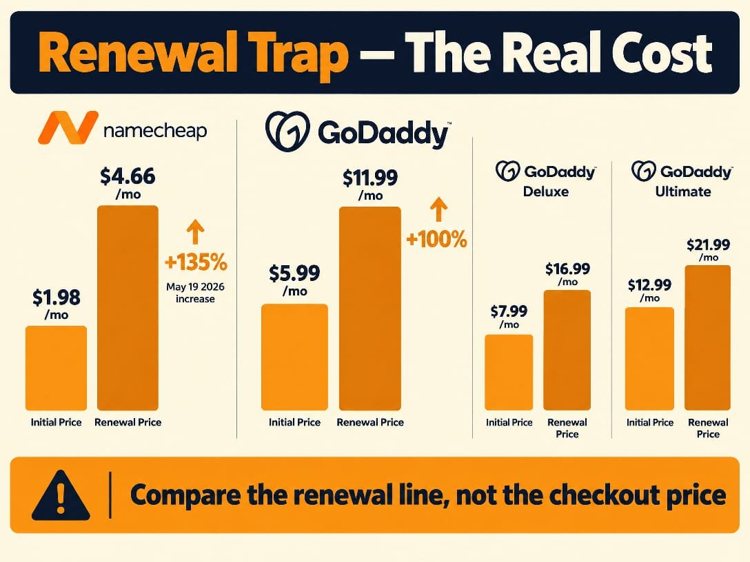Namecheap vs GoDaddy renewal trap 2026 - Namecheap 1.98 dollars renews at 4.66 a 135 percent increase, GoDaddy Economy 5.99 dollars renews at 11.99 a 100 percent increase